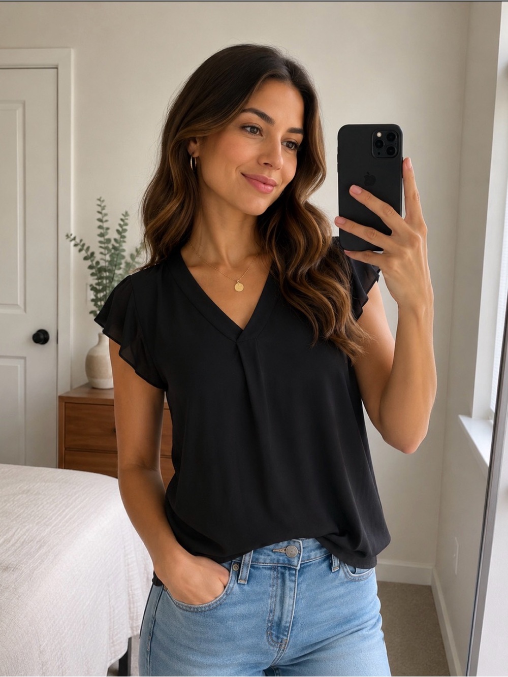 Philosophy Blouse Top Women XS Black Flutter V Neck Lightweight